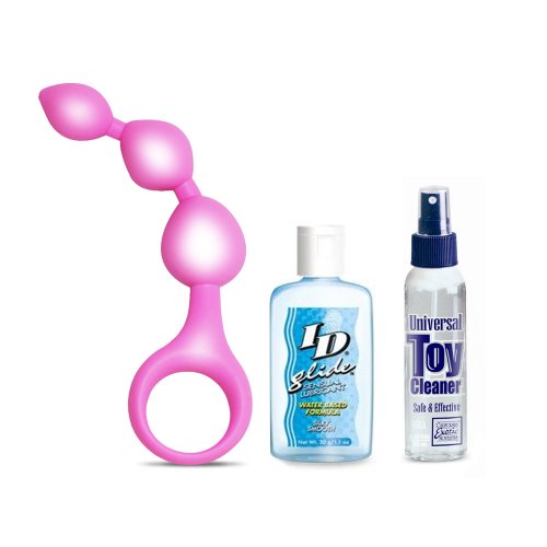 Ladygasm Flux Silicone Body Safe Anal Beads + Toy Cleaner + 1.1oz ID Glide Combo image